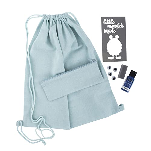 Rayher 53993000 Turnbeutel Monster Bastelpackung, 38 x 42 cm und Stiftetasche, 21 x 8 cm mit Schablone, Wackelaugen, Farbe und Malschwamm zum Verzieren, hellblau von Rayher