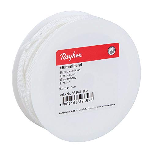 Rayher 55941102 Gummiband, flach, 5 mm, Rolle 5 m, weiß, elastische Gummischnur, zum Nähen von Behelfsmasken, zum Einziehen in Saumabschlüsse usw. von Rayher