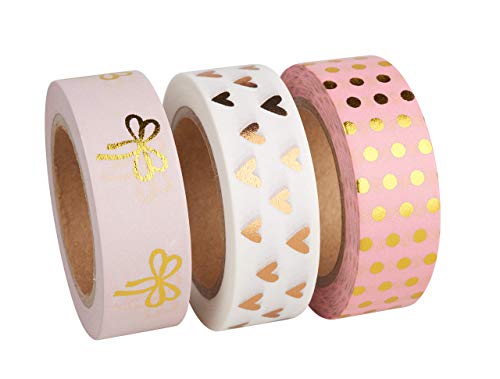 Rayher Hobby Rayher Hobby Rayher 60893000 Washi Tape Set, 3 Rollen á 10 m, 15 mm breit, 3 Designs rosé/gold/weiß gemustert, Papierfolie, Papierband, Klebeband, Dekoband von Rayher