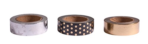 Rayher 60969000 Washi Tape Set, 3 Rollen à 10 m, 15 mm breit, 3 Designs in schwarz/gold/silber, Papierfolie, Papierband, Klebeband, Dekoband von Rayher