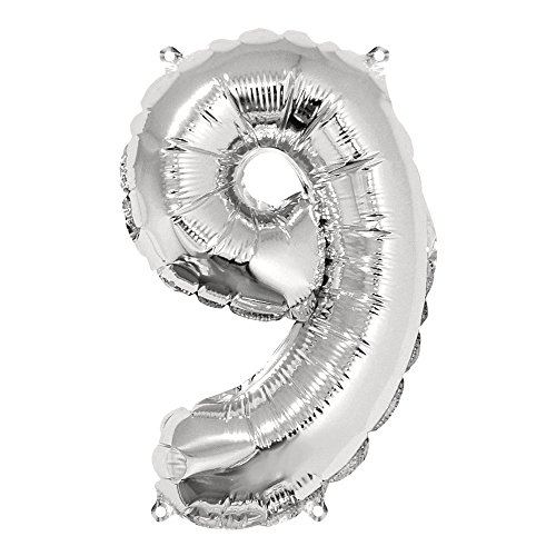 Rayher 87041606 Zahl 9 Party-/Folienballon, silber, 40cm hoch, zum Befüllen mit Luft, für Geburtstag, Silverster, Jubiläum von Rayher