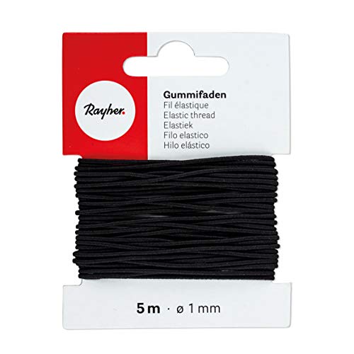 Rayher 8908901 Gummifaden, 1 mm ø, Karte 5 m, schwarz, elastische Gummischnur zum Nähen von Behelfsmasken, für Armbänder usw. von Rayher