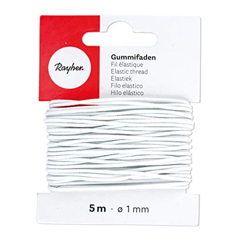 Rayher 8908902 Gummifaden, 1 mm ø, Karte 5 m, weiß, elastische Gummischnur zum Nähen von Behelfsmasken, für Armbänder usw. von Rayher