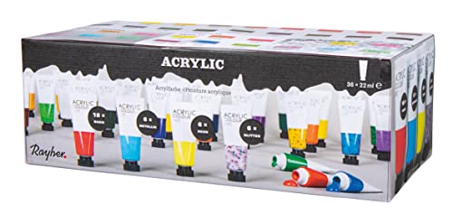 Rayher Acrylfarben-Set, 36 Farbtuben je 22 ml, Basis-/Glitter-/Metallic-/Neonfarben, für Einsteiger und Profikünstler, für viele Untergründe, schnell trocknend, wasserbasierend, lichtecht, 35045999 von Rayher