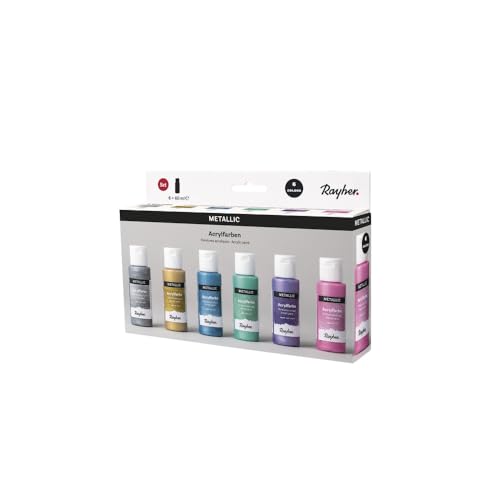 Rayher Acrylfarben-Set Metallic, 6 Farben à 60 ml (rosa, violett, blau, grün, silber, gold), für Einsteiger und Profikünstler, für viele Untergründe geeignet, wasserbasierend, 35059000 von Rayher