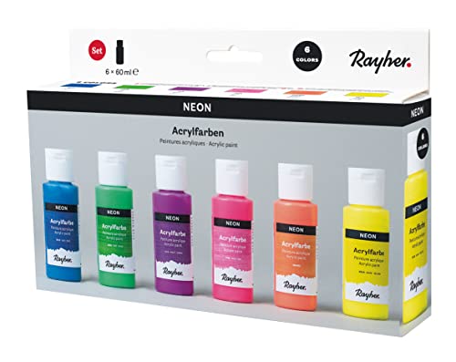 Rayher Acrylfarben-Set Neon, 6 Farben à 60 ml (gelb, orange, pink, lila, blau, grün), für Einsteiger und Profikünstler, für viele Untergründe geeignet, wasserbasierend, 35060000 von Rayher
