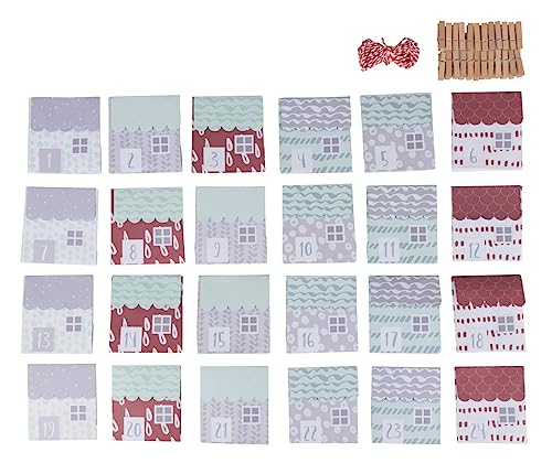 Rayher Adventskalender Papier-Falthäuser, 24 unterschiedlich bedruckte Papiertüten, 9 x 10 cm, FSC zertifiziert, inklusiv 24 Wäscheklammern und Kordel zum Aufhängen, 67394000 von Rayher