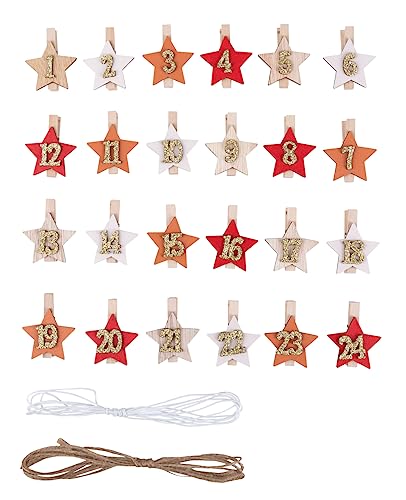 Rayher Adventskalenderzahlen Holz, Holz-Klammern mit Stern, 4 x 4,8 cm, Zahlen für Adventskalender 1-24, Stern auf Klammer, mit Kordel, 46719000 Rayher Adventskalenderzahlen Holz, Holz-Klammern mit Stern, 4 x 4,8 cm, Zahlen für Adventskalender 1-24, Stern auf Klammer, mit Kordel, 46719000 von Rayher