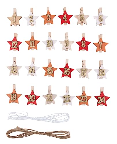 Rayher Adventskalenderzahlen Holz, Holz-Klammern mit Stern, 4 x 4,8 cm, Zahlen für Adventskalender 1-24, Stern auf Klammer, mit Kordel, 46719000 von Rayher