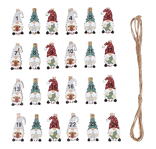 Rayher Adventskalenderzahlen Holz, Holz-Klammern mit Wichtel, 2,3 x 4,8 cm, Zahlen für Adventskalender 1-24, Wichtel auf Klammer, mit Kordel, 46717000 von Rayher
