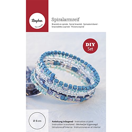 Rayher Bastelpackung Spiralarmband, 6 cm ø, DIY-Spiralarmreif, unterschiedliche Glasperlen in Blau-/Silbertönen, Spiraldraht, silber, Armband zum selbst machen, 15393000 von Rayher