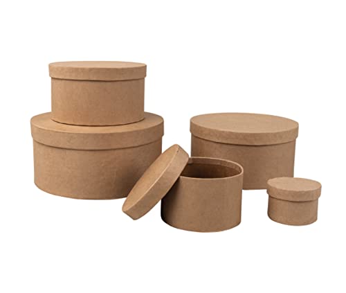 Rayher Pappmaché Boxen mit Deckel, Set 5-teilig, Pappboxen, Geschenkboxen 5er-Set, rund, 5 – 15 cm ø, Schachteln, braun, aus Karton, FSC zertifiziert, Aufbewahrungsboxen, 67382000 von Rayher