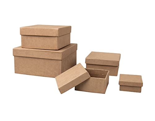 Rayher Pappmaché Boxen mit Deckel, Set 5-teilig, Pappboxen, Geschenkboxen 5er-Set, quadratisch, 5 x 5 - 14 x 14 cm, Schachteln, braun, aus Karton, FSC zertifiziert, Aufbewahrungsboxen, 67383000 von Rayher