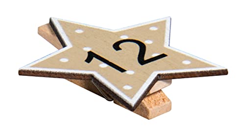 Rayher Adventskalenderzahlen Holz, Holz-Klammern mit Stern, 2,9 x 3,6 cm, Zahlen für Adventskalender 1 – 24, mit Kordel, 46659999 von Rayher