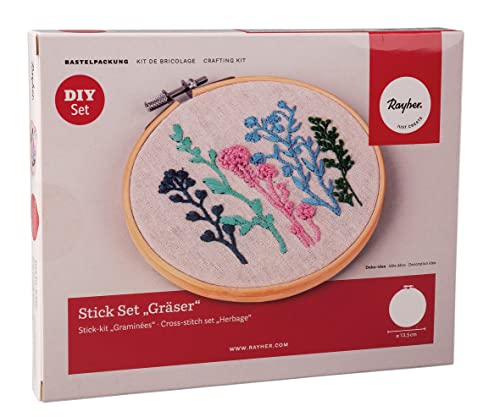 Rayher DIY Bastelpackung Stick Set “Gräser”, Sticken für Anfänger, Stichrahmen 13,5 cm ø, Stoffzuschnitt bedruckt, Stickgarn, Sticknadel, 54078000 von Rayher