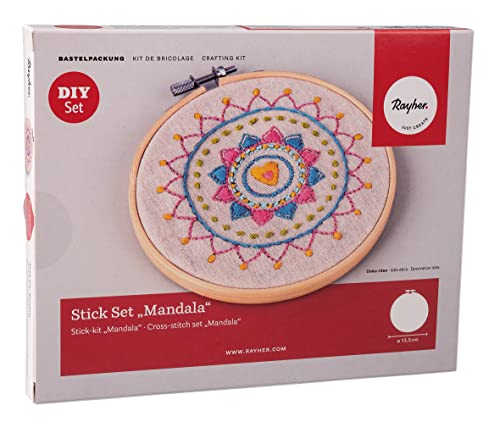 Rayher DIY Bastelpackung Stick Set “Mandala”, Sticken für Anfänger, Stichrahmen 13,5 cm ø, Stoffzuschnitt bedruckt, Stickgarn, Sticknadel, 54077000 von Rayher