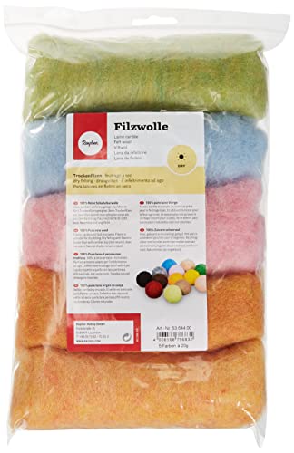 Rayher Hobby Rayher Filzwolle, reine Schurwolle, Vlies, Sommermix Pastelltöne, meliert, Set 5 Farben à 20 g, Filzwolle 100 g, 100% Wolle zum Filzen, Märchenwolle, 5364400 Rayher Hobby Rayher Filzwolle, reine Schurwolle, Vlies, Sommermix Pastelltöne, meliert, Set 5 Farben à 20 g, Filzwolle 100 g, 100% Wolle zum Filzen, Märchenwolle, 5364400 von Rayher
