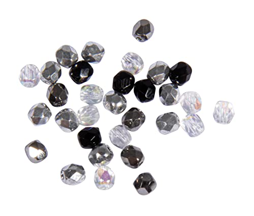 Rayher Glas-Schliffperlen, 4 mm ø, kristall, Dose 100 Stück, Glasschliffperlen, Farbmischung kristall/silber/schwarz Mix, 14200800 von Rayher