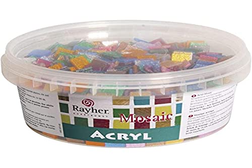 Rayher Hobby Rayher Acryl Mosaiksteine Mix, Glitter, 1 x 1 cm, quadratisch, ca. 1.200 Stück, Dose 300 g, transparent, durchscheinend, bunte Mischung, Kunststoffsteine, Kunststoffmosaik, 14791999 von Rayher