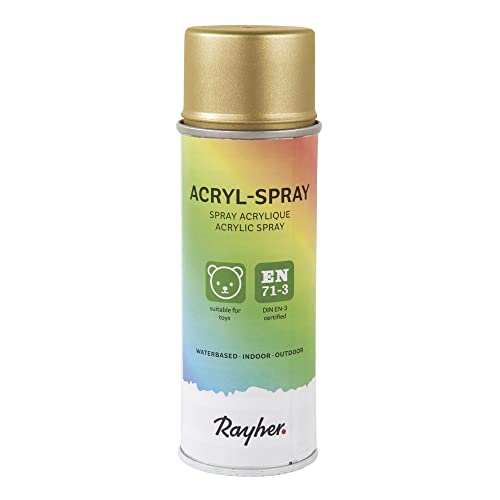 Rayher Hobby 34145620 Acryl-Spray, Acryllack, brillant gold, seidenmatt, Sprühlack für innen und außen, hohe Deckkraft, umweltbewusst spraylackieren, Dose 200ml von Rayher