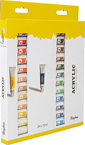 Rayher Hobby 38926000 Künstler-Acrylfarben-Set, 24 Farben, je Tube 12 ml, ideal für Keilrahmen, Papier, Pappe, Malkarton, Pappmaché, Holz, Stein, Beton, für Einsteiger und Profikünstler von Rayher