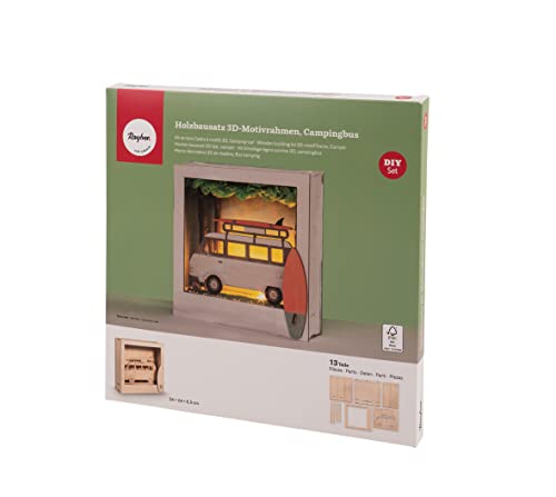 Rayher Holzbausatz 3D-Motivrahmen mit Campingbus, FSC zertifiziert, natur, 24 x 24 cm, Tiefe 6,5 cm, 13teilig, zum Basteln und Bemalen, 64512505 von Rayher