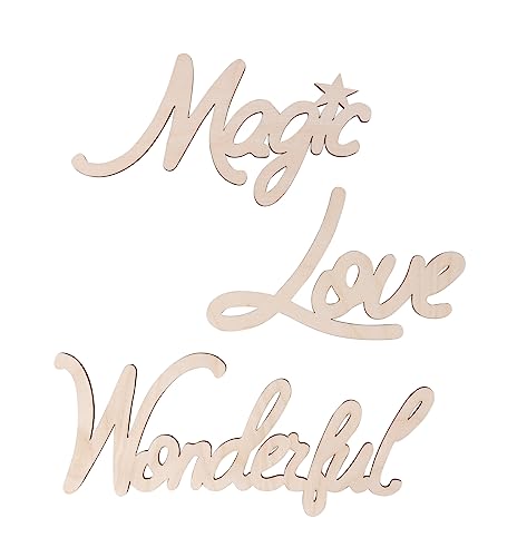Rayher Holz-Schrift “Love, Magic, Wonderful”, 3 Wörter aus Holz, 17 – 25 cm, FSC zertifiziert, Wanddekoration Holz, 46724505 von Rayher