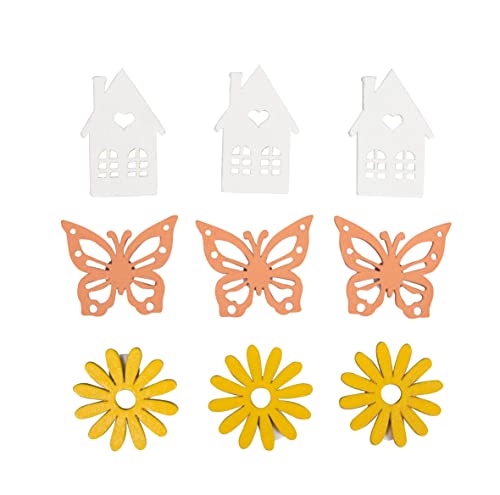 Rayher Holz-Streuteile Blume, Haus, Schmetterling, 9 Stück, sortiert, mit Klebepunkt, 3,4 -4,5 cm, Farben weiß, apricot, gelb, Tischdeko, Tischstreuer, Streudeko Frühling, 46679000 von Rayher