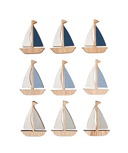Rayher Holz-Streuteile Schiff, 9 Stück, mit Klebepunkt, 3 x 4 cm, sortiert 3 Farben, Holzstreuer Tischdeko, Tischstreuer, Streudeko, maritim, 46675000 von Rayher