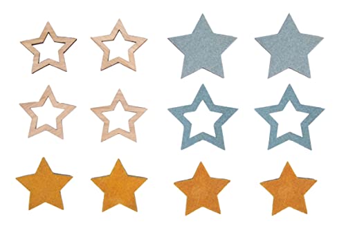 Rayher Holz-Streuteile Sterne, 3,5 - 4,5 cm ø, sortiert, Beutel 12 Stück, sortiert, natur, ockergold, graublau, Tischstreuer, Streudeko Weihnachten, 46652999 von Rayher