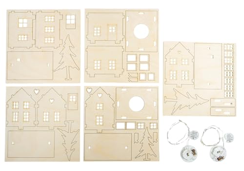 Rayher Holzbausatz Lichterhäuser,FSC Mix Credit, natur, 7-10cm,46tlg, +LEDLichterkette, Box 1Set von Rayher