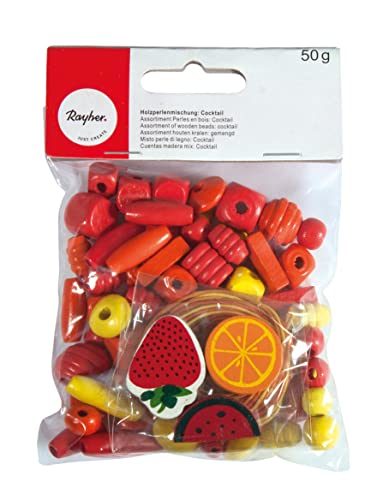 Rayher Holzperlenmischung Cocktail, orange/gelb sortiert + 3x Fädelschnur, Beutel 50 g, Schmuckperlen, Bastelperlen, Holzperlen FSC zertifiziert, 12245214 von Rayher