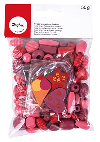 Rayher Holzperlenmischung Cocktail, pink/rot sortiert + 3x Fädelschnur, Beutel 50 g, Schmuckperlen, Bastelperlen, Holzperlen FSC zertifiziert, 12245264 von Rayher