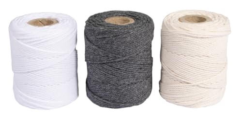 Rayher Makramee Garn, 1 mm ø, Set 3 Spulen à 50 g (je 65 m), weiß, creme, grau, Dekokordel, Knüpfgarn, Bastelgarn, Häkelgarn, 44009504 von Rayher