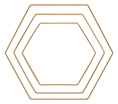 Rayher Metallformen Hexagon, gold, sortiert, Box 3 Stück, je 1x 20 cm, 25 cm, 30 cm, Metallringe, Drahtformen zum Basteln, für Wickeltechnik, Floristik, Makramee Ring, 25219616 von Rayher