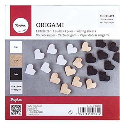 Rayher Origami-Faltblätter, 100 Blatt sortiert, 15 x 15 cm, 80-100 g/m2, 3 Farben sortiert, scharz/weiß/kraft, beidseitig, Bastel-Faltpapier für Kinder und Erwachsene, 67369999 von Rayher