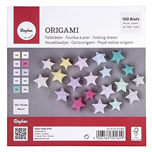 Rayher Origami-Faltblätter, 100 Blatt sortiert, 15 x 15 cm, 80g/m2, FSC zertifiziert,10 Farben beidseitig, Pastelltöne, Bastel-Faltpapier für Kinder und Erwachsene, 67370685 von Rayher