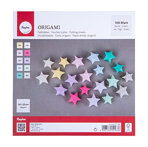 Rayher Origami-Faltblätter, 100 Blatt sortiert, 20 x 20 cm, 80g/m2, FSC zertifiziert,10 Farben beidseitig, Pastelltöne, Bastel-Faltpapier für Kinder und Erwachsene, 67371685 von Rayher