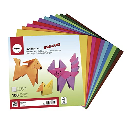 Rayher Origami Faltblätter, Faltpapier FSC zertifiziert, 100 Blatt sortiert, 10 Farben beidseitig, Basistöne, Bastel-Faltpapier für Kinder und Erwachsene, 20 x 20 cm, 80g/m2, 72830000 von Rayher