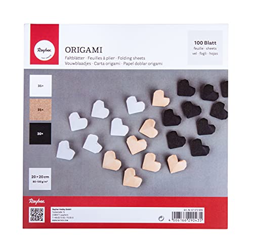 Rayher Origami-Faltblätter, 100 Blatt sortiert, 20 x 20 cm, 80-100g/m2, 3 Farben sortiert, schwarz/weiß/kraft, beidseitig, Bastel-Faltpapier für Kinder und Erwachsene, 67372999 von Rayher