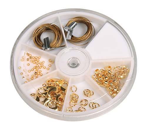 Rayher Starterset Schmuckzubehör, gold, Schmuckherstellung Set, Schmuck Reparatur Set, Schmuck basteln, Starter Kit mit Schmuckdraht, Karabinerverschlüssen, Ringeln, Quetschperlen, 2248506 von Rayher