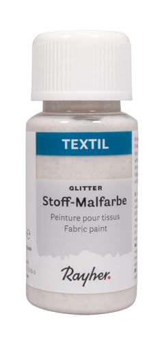 Rayher Textil Stoffmalfarbe Glitter, silber, Flasche 50 ml, cremige, leuchtende Acrylfarbe mit Glittereffekt, speziell für helle Textilien, hochdeckend, waschbeständig ohne Thermofixierung, 35064606 von Rayher