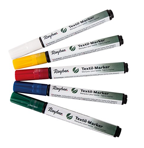Rayher Textilmarker mit Ventil, Rundspitze 2-4mm, Set 5 Stück, weiß, gelb, rot, blau, grün, deckend, Textilstifte, Stoffmalstifte, 35009000 von Rayher