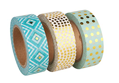 Rayher Washi Tape Set, Box 3 Rollen à 10 m, 15 mm breit, 3 Designs in mint/gold, Papierband, dekoratives Klebeband zum basteln, masking tape, 60891000 von Rayher