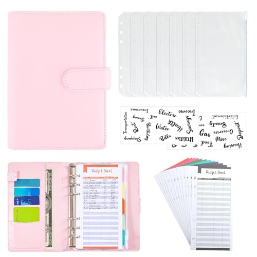 Budget-Ordner, A6, Budget-Ordner, Ringbuch, Budget-Planer, Notizbuch, Organizer, Sparen, Geld, 12 Budgets-Blätter, 8 Budgettaschen (Rosa) von Raykce