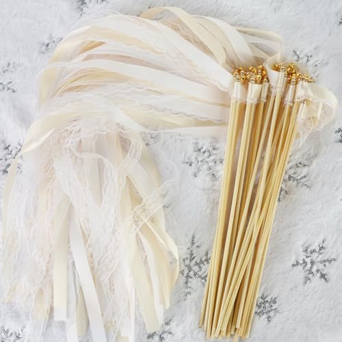 Wedding Wands 30 Stück Zauberstäbe Hochzeit Luftschlangen,Hochzeit Stäbe mit Glöckchen,Romantic Seidenfeenstab für Hochzeiten Geburtstage Partys Feiertagsfeiern Verwendet Weihnachten- (Beige) von Rayong