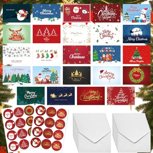 Weihnachtskarten mit Umschlag Set 24 Premium Weihnachtspostkarten Klappkarten Weihnachtsgrußkarten Christmas Cards mit Aufkleber Ideal für Geschenke,Kollegen,Familie & Weihnachtsgrüße-B von Rayong