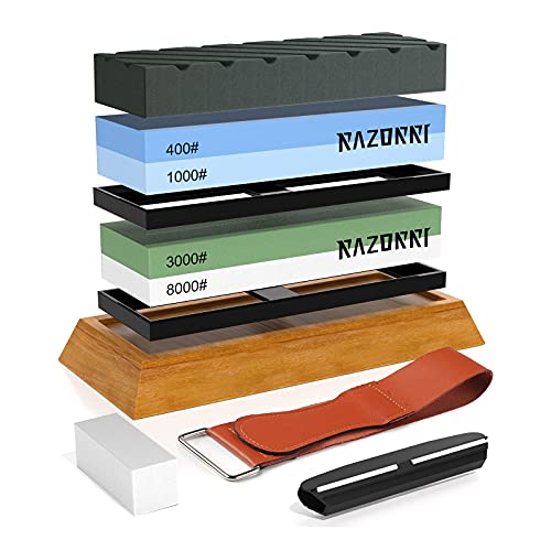 Razorri Abziehsteine Set, doppelseitig 400/1000 und 3000/8000 Grit Schleifsteine mit Abrichtstein & Flachstein, Winkelführung, Bambusbasis, Lederstreifen, für Metallklinge schärfen und polieren Razorri Abziehsteine Set, doppelseitig 400/1000 und 3000/8000 Grit Schleifsteine mit Abrichtstein & Flachstein, Winkelführung, Bambusbasis, Lederstreifen, für Metallklinge schärfen und polieren von Razorri