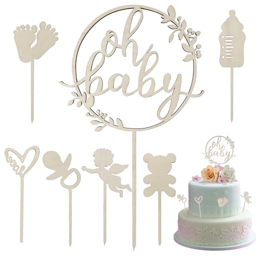 7 pcs Oh Baby Cake Topper Oh Baby Deko mit Cake Topper im Formen von Herz, Babyflasche, Bär, Füße, Engel und Schnuller Mädchen Junge Kuchen Shower Kuchenaufsatz von Rbleote