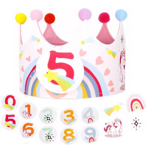 Rbleote Geburtstagskrone Mädchen & Junge, Geburtstagskrone Kinder - Stoff Krone mit Zahlen 0-9,Geburtstag Krone,Verstellbares Design,Geeignet für Unisex Geburtstagsdeko (Regenbogen-Einhorn) von Rbleote